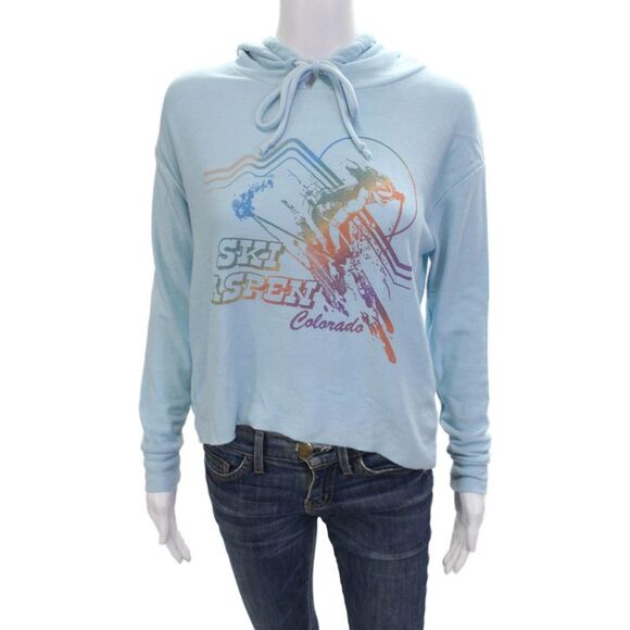 Chaser Sweaters - Chaser Womens Pullover Hoodie Light Blue Drawstring Ski Graphic Size S